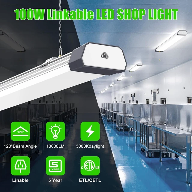 Alt view image 2 of 7 - 2 Pack 100W Linkable LED Shop Light 13000LM, ETL Listed, Hanging or Surface Mount, 5000K Daylight Super Bright LED Utility Shop Light with ON/Off Pull Chain, 120V Plug