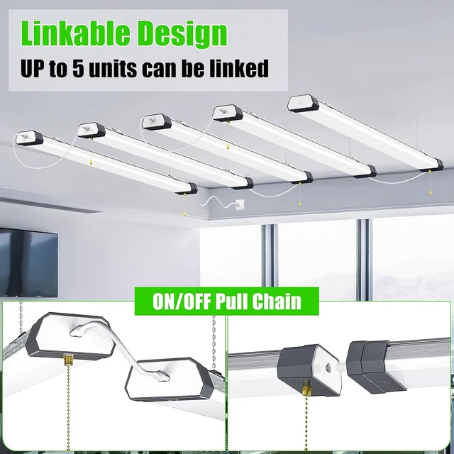 Alt view image 3 of 7 - 2 Pack 100W Linkable LED Shop Light 13000LM, ETL Listed, Hanging or Surface Mount, 5000K Daylight Super Bright LED Utility Shop Light with ON/Off Pull Chain, 120V Plug