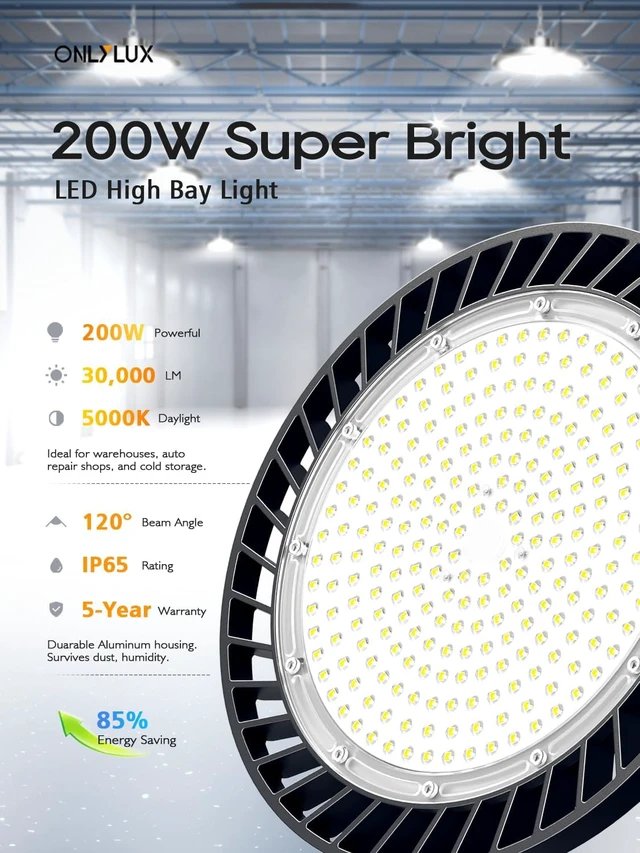 Alt view image 2 of 7 - ONLYLUX UFO LED High Bay Light 200W 30000LM 5000K High Bay LED Shop Lights