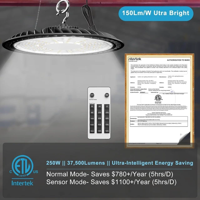 Alt view image 2 of 7 - Lightdot Smart 250W LED High Bay Light 37,500LM Commercial Bay Lighting with Control (Supports ON/Off Mode & Motion Sensor Mode) AC100-277V Plug and Play for Warehouse, Factory, Garage & Barn-8Pack