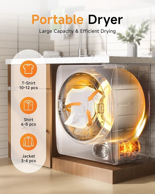 Alt view image 2 of 7 - 10 LBS Portable Dryer, 1.5 Cu.Ft. Portable Clothes Dryer with Knob Control, Stainless Steel Drum, Exhaust Pipe, 850W Drying Machine for Apartment, Dorm, Home, White