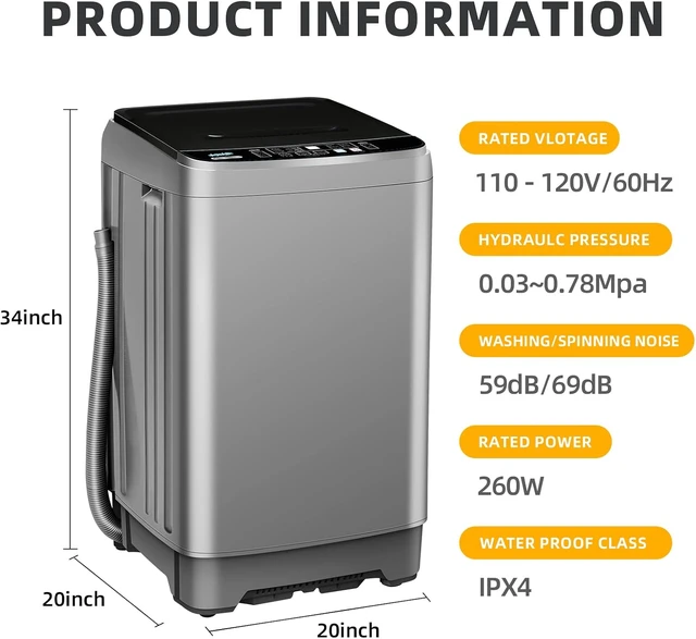 Alt view image 6 of 7 - Portable Washing Machine for Apartments 17.7lbs Full-Automatic Apartment Washing Machine with 10 Wash Programs, Small Portable Washer for Dorm, Home, RV, Grey