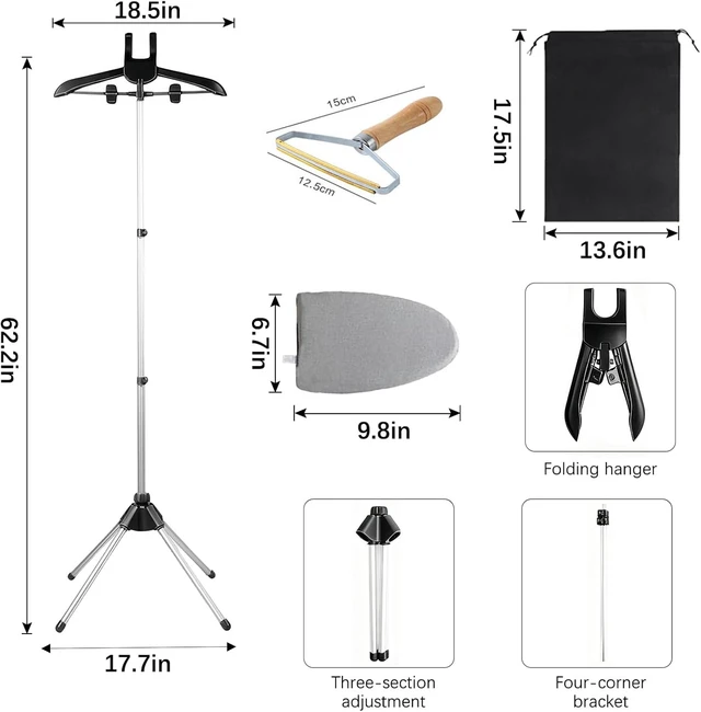 Alt view image 5 of 7 - Steaming Rack for Clothes Hanger for Steaming Clothes Telescopic Folding Clothes Steamer Rack Adjustable Garment Hanger with Ironing Gloves Clothing Fuzz Remover Portable for Travel & Home