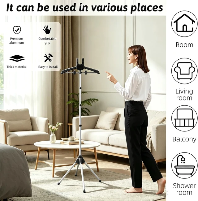 Alt view image 7 of 7 - Steaming Rack for Clothes Hanger for Steaming Clothes Telescopic Folding Clothes Steamer Rack Adjustable Garment Hanger with Ironing Gloves Clothing Fuzz Remover Portable for Travel & Home