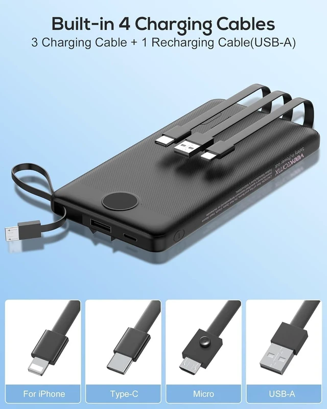 Alt view image 4 of 7 - VEEKTOMX 10000mAh Portable Charger with Built-in Cables