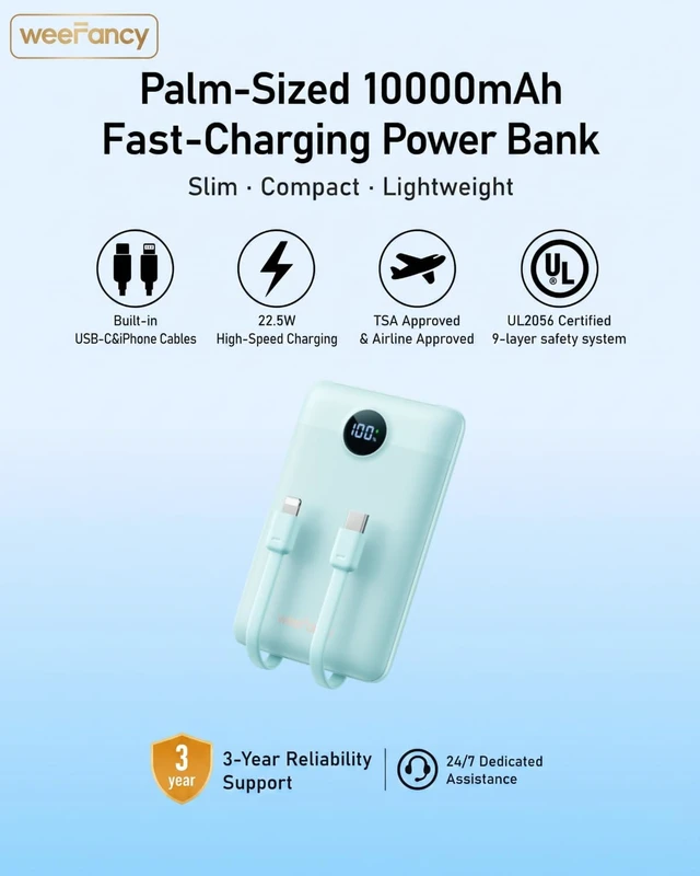Alt view image 2 of 7 - Compact Portable Charger 10000mAh with Built-in Cables