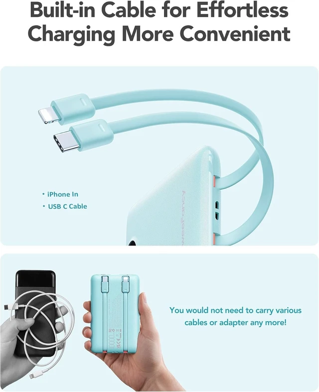 Alt view image 5 of 7 - Compact Portable Charger 10000mAh with Built-in Cables