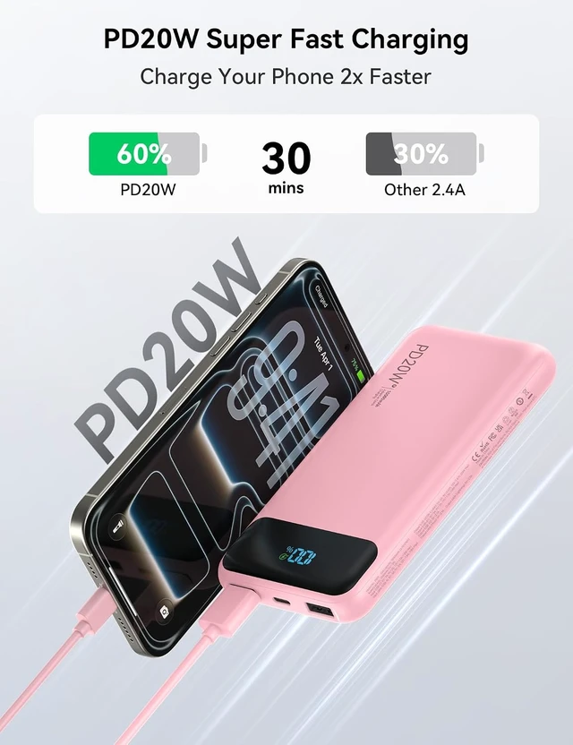Alt view image 3 of 7 - Nusyddy Portable Charger 10000mAh with 4 Built-in Cables & 6 Outputs Pink