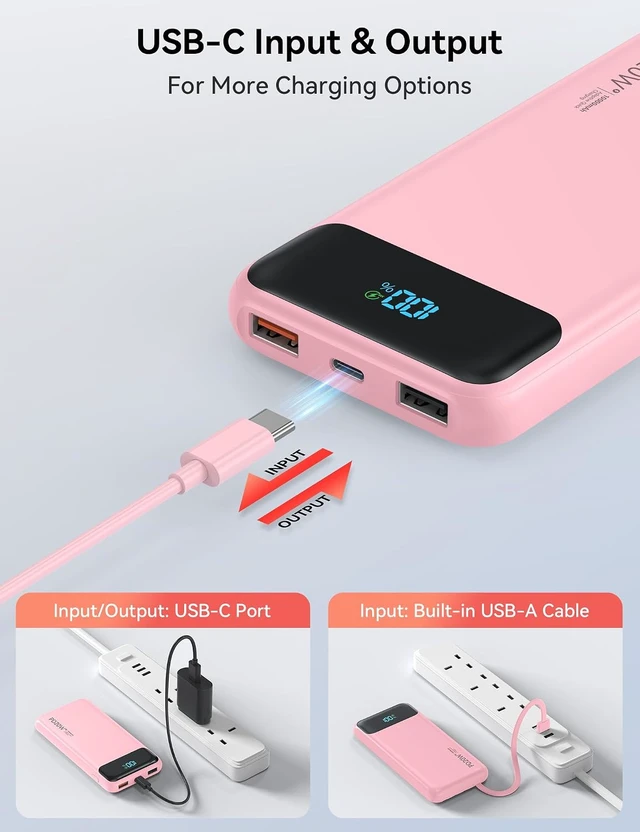 Alt view image 6 of 7 - Nusyddy Portable Charger 10000mAh with 4 Built-in Cables & 6 Outputs Pink
