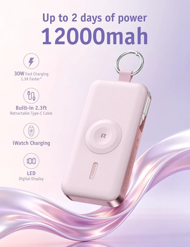 Alt view image 2 of 7 - RORRY CharmGo Portable Charger 3 in 1 iPhone Power Bank for Apple 12000mAh