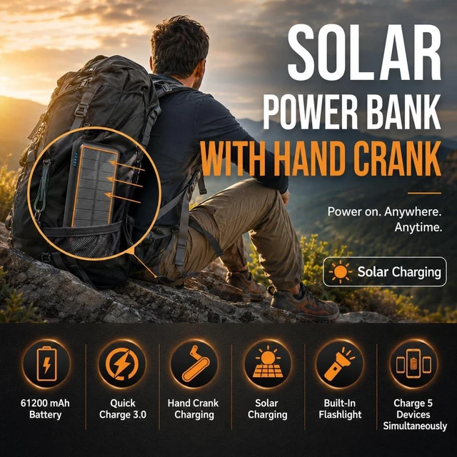 Alt view image 2 of 7 - ReeZar Solar Charger Power Bank 61200mAh, Built in Hand Crank and 4 Cables PD 15W QC3.0 Fast Charging, Type C Input/Output, SOS LED Camping Flashlight, Solar Portable Charger (Orange)