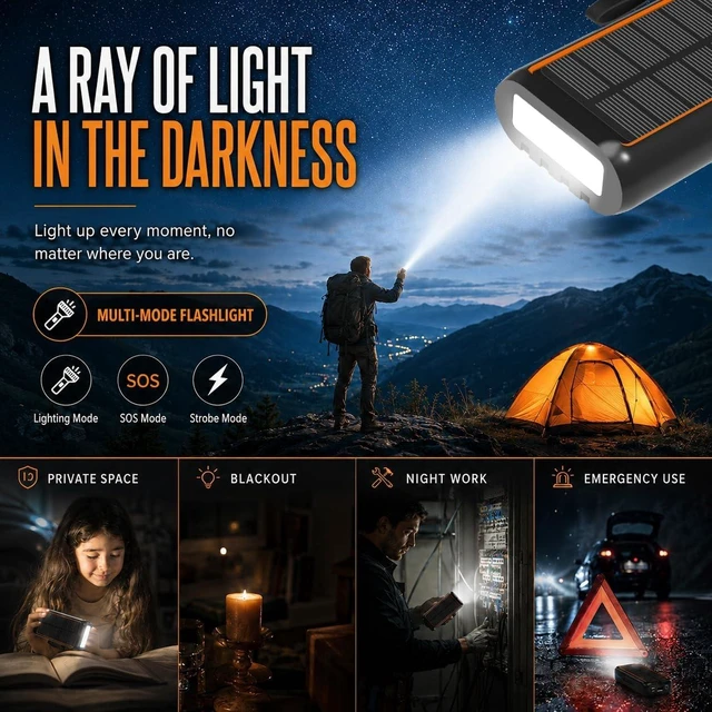 Alt view image 3 of 7 - ReeZar Solar Charger Power Bank 61200mAh, Built in Hand Crank and 4 Cables PD 15W QC3.0 Fast Charging, Type C Input/Output, SOS LED Camping Flashlight, Solar Portable Charger (Orange)