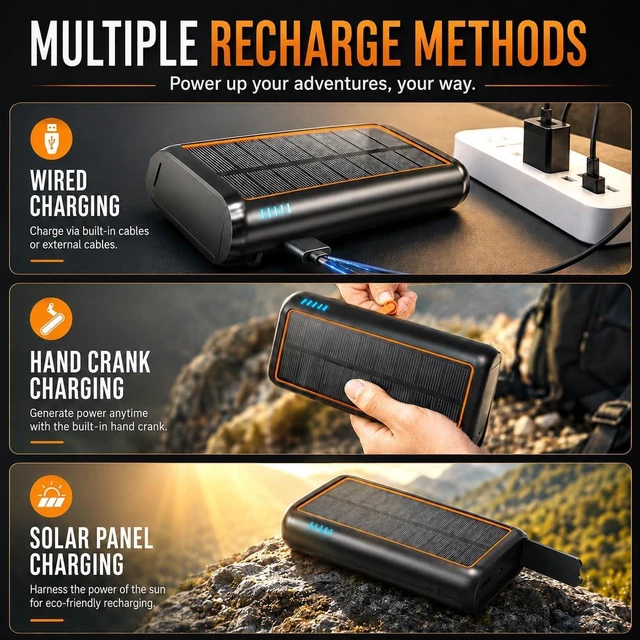 Alt view image 5 of 7 - ReeZar Solar Charger Power Bank 61200mAh, Built in Hand Crank and 4 Cables PD 15W QC3.0 Fast Charging, Type C Input/Output, SOS LED Camping Flashlight, Solar Portable Charger (Orange)