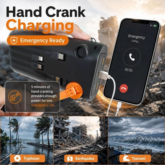 Alt view image 6 of 7 - ReeZar Solar Charger Power Bank 61200mAh, Built in Hand Crank and 4 Cables PD 15W QC3.0 Fast Charging, Type C Input/Output, SOS LED Camping Flashlight, Solar Portable Charger (Orange)