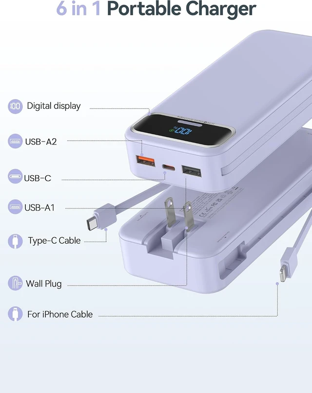Alt view image 2 of 7 - aonidi Portable Charger 20000mAh with Built-in Cables&AC Wall Plug, Purple