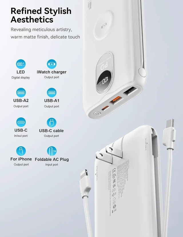 Alt view image 5 of 7 - Portable Charger 10000mAh 20W, Wall Plug, 2 Cables, iWatch Charging