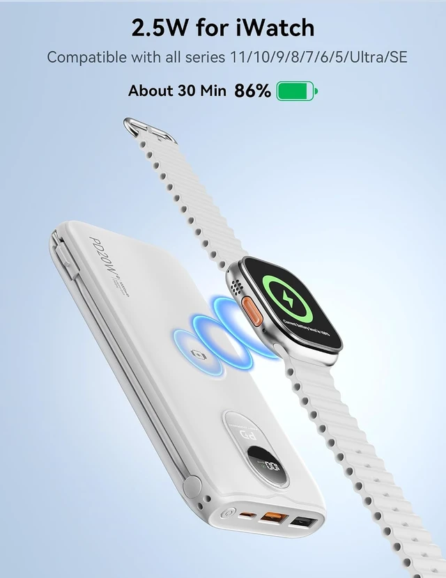 Alt view image 6 of 7 - Portable Charger 10000mAh 20W, Wall Plug, 2 Cables, iWatch Charging