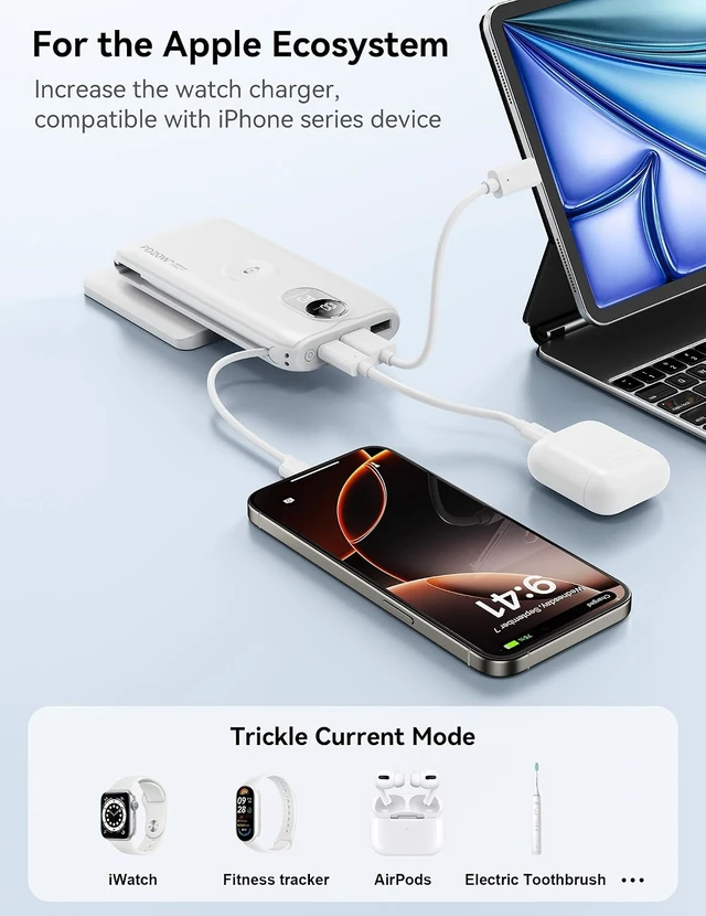Alt view image 7 of 7 - Portable Charger 10000mAh 20W, Wall Plug, 2 Cables, iWatch Charging