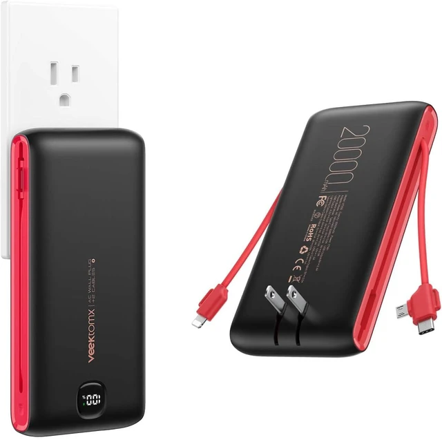 Main image of VEEKTOMX 10000mAh Portable Charger with Built-in Cables & Wall Plug
