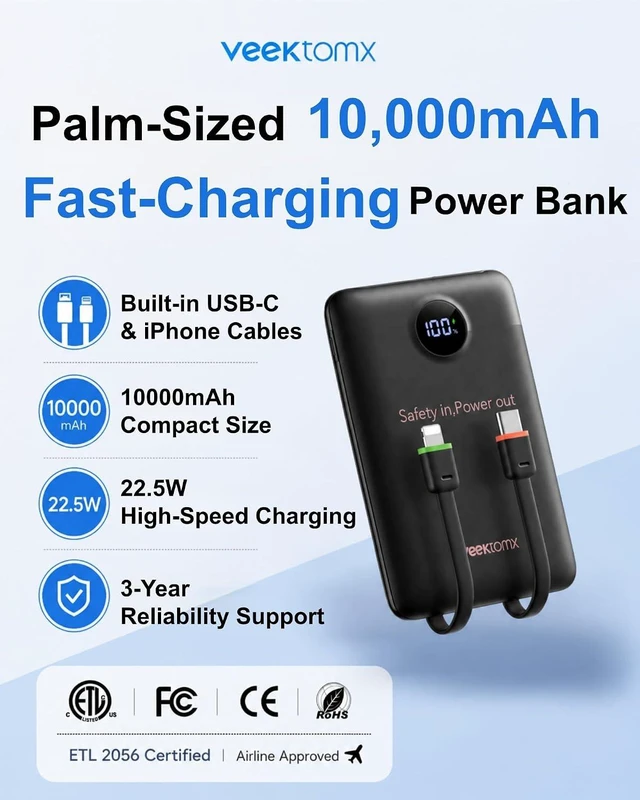 Alt view image 2 of 7 - VEEKTOMX Portable Charger with Built-in Cables, 10000mAh Slim Power Bank
