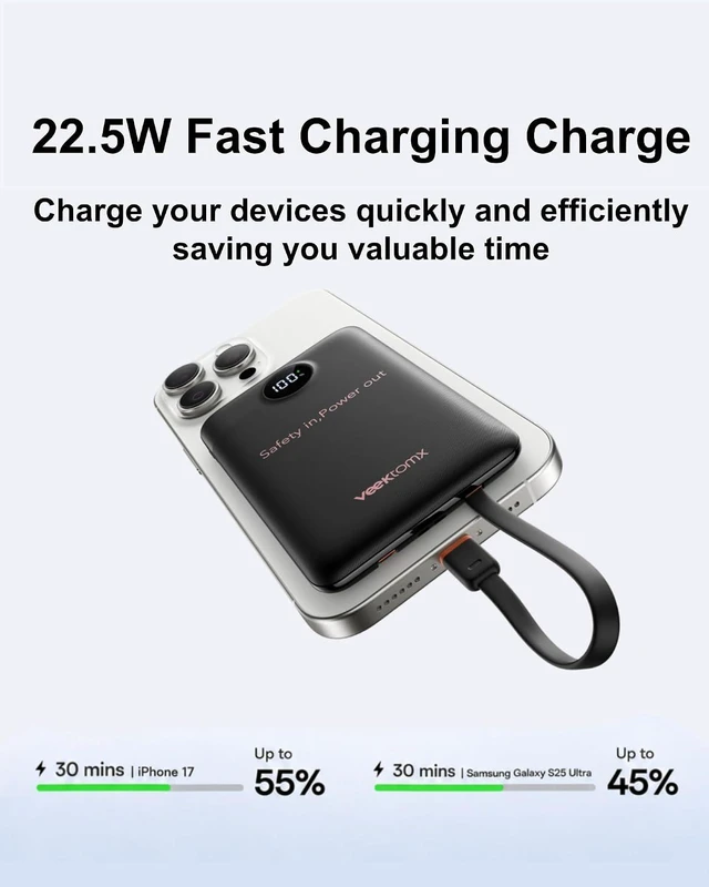 Alt view image 3 of 7 - VEEKTOMX Portable Charger with Built-in Cables, 10000mAh Slim Power Bank