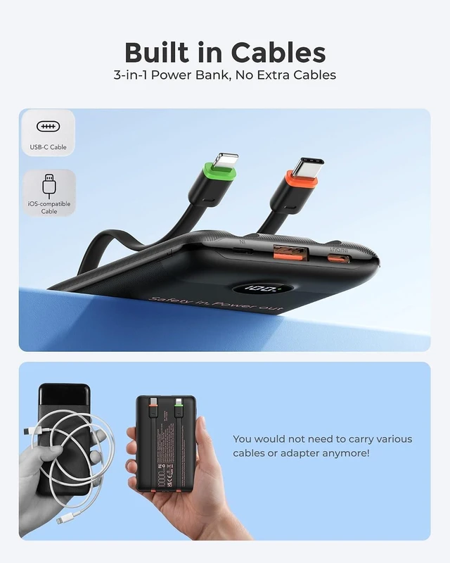 Alt view image 5 of 7 - VEEKTOMX Portable Charger with Built-in Cables, 10000mAh Slim Power Bank