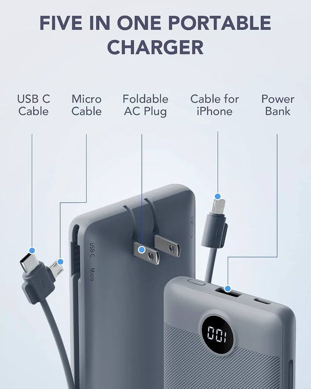 Alt view image 2 of 7 - VRURC Portable Charger Built-in Cables and AC Wall Plug, USB C Power Bank 10000mAh, Travel Battery Portable Phone Charger Compact Lightweight External Battery Pack for Smart Phones, Tablets etc-Grey