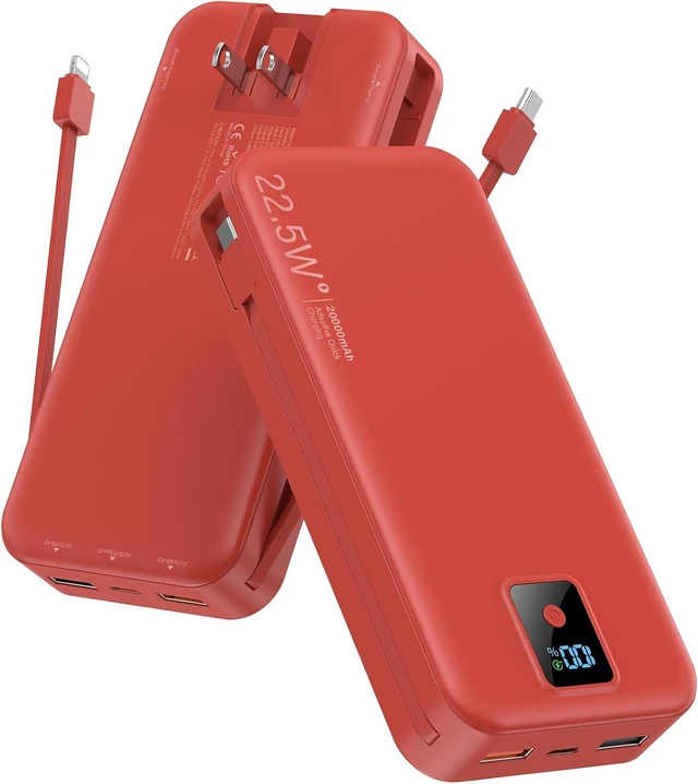 Main image of Portable Charger 20000mAh 22.5W w/Built-in Cable & Wall Plug Red