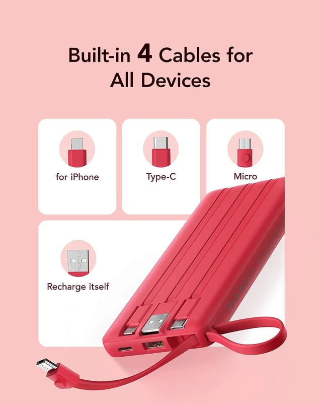 Alt view image 2 of 7 - VRURC Portable Charger, Built in 4 Cables & Lanyard Power Bank 10000mAh