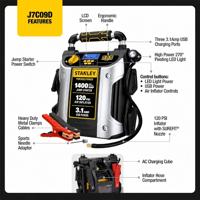 Alt view image 3 of 7 - Stanley J7C09D 1400 Peak Amp Jump Starter with 120 PSI Inflator
