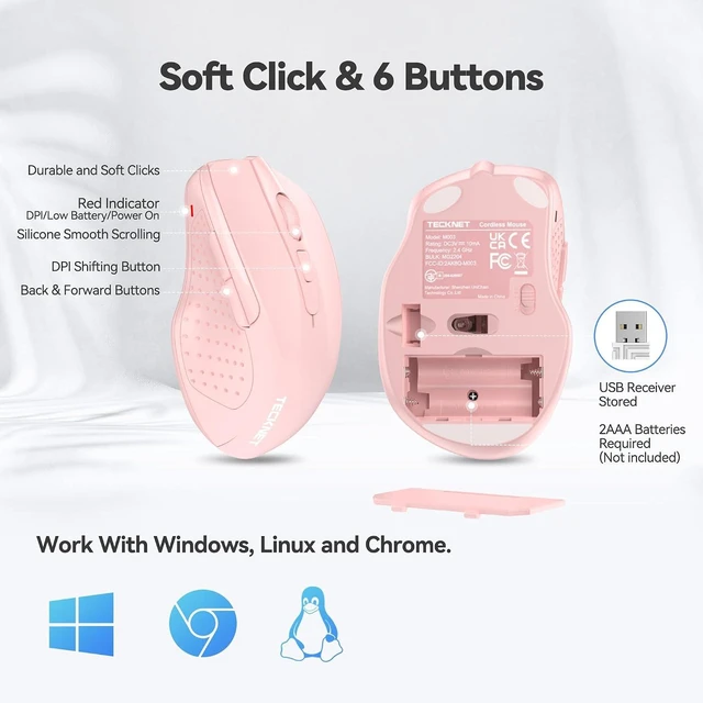 Alt view image 6 of 7 - TECKNET Wireless Mouse, 2.4G Ergonomic Computer Mouse, 2600 DPI, Pink