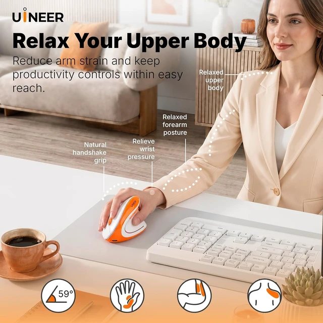 Alt view image 2 of 7 - Uineer Ergonomic Vertical Mouse, Tri-Mode Wireless, Rechargeable, 4 DPI