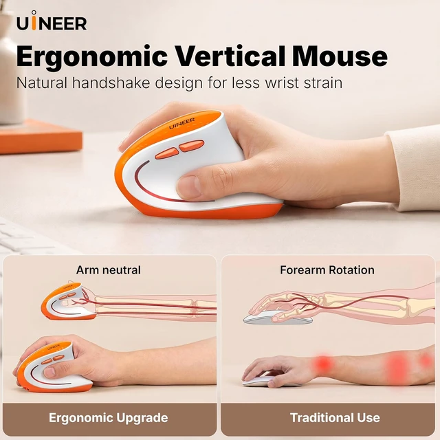 Alt view image 3 of 7 - Uineer Ergonomic Vertical Mouse, Tri-Mode Wireless, Rechargeable, 4 DPI