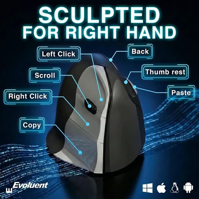 Alt view image 3 of 7 - Evoluent The World's Original Vertical Mouse VMC Classic Wireless USB/Bluetooth Ergonomic Mouse Right Hand M-L, Sculpted Comfort, 4 Speeds, Non-Programmable Copy & Paste Buttons