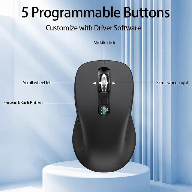 Alt view image 7 of 7 - Wireless Bluetooth Mouse (USB + BT1 + BT2), Full Size, 4-Way Scrolling, Multi-Device Silent Mouse for Computer, Laptop, iPad, MacBook (Black)