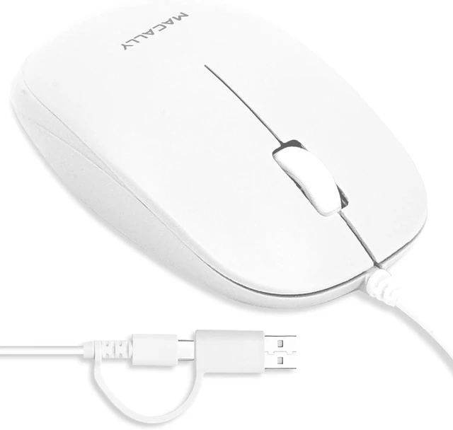 Main image of Macally Wired Mouse for Mac and PC - Dual USB C + A Plug - Simple Ambidextrous 3 Button USB Mouse Wired with Scroll Wheel and 1200 DPI Optical Sensor - for Apple, MacBook, iMac, Laptop and PC - White
