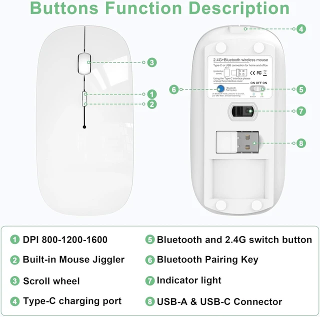 Alt view image 7 of 7 - Gizdot-S1 Mouse for iPad/MacBook Air/Pro & Laptop, Bluetooth Wireless Rechargeable Mouse with Type-C, Slim Mouse Jiggler for iMac, 4 Connection Modes, Silent Click, 1600 DPI Compatible Mac OS/Windows