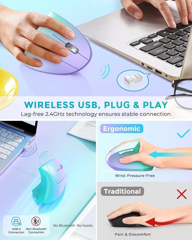 Alt view image 3 of 7 - Lekvey Ergonomic Mouse, Rechargeable Vertical Wireless Mouse, Green Purple