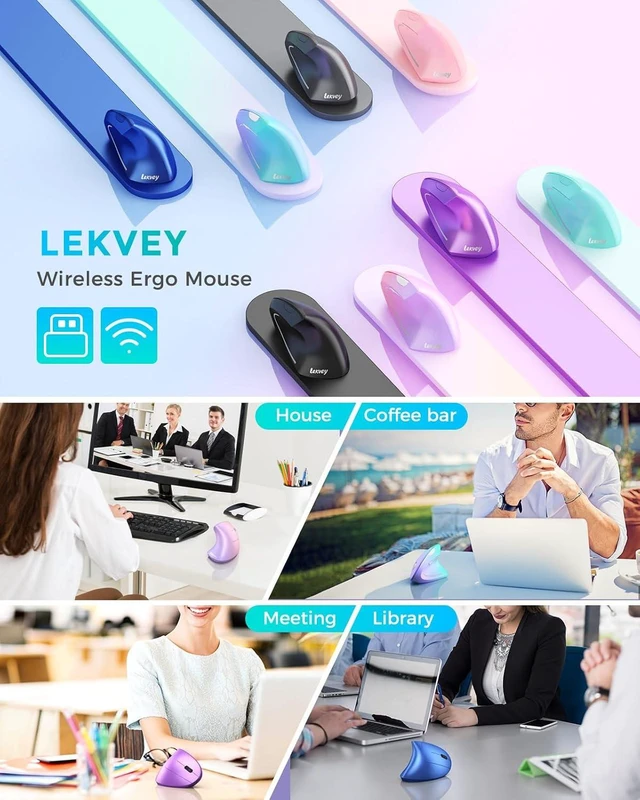 Alt view image 7 of 7 - Lekvey Ergonomic Mouse, Rechargeable Vertical Wireless Mouse, Green Purple