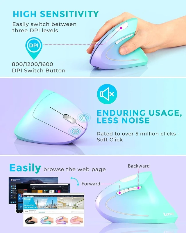Alt view image 5 of 7 - Lekvey Ergonomic Mouse, Rechargeable Vertical Wireless Mouse, Green Purple