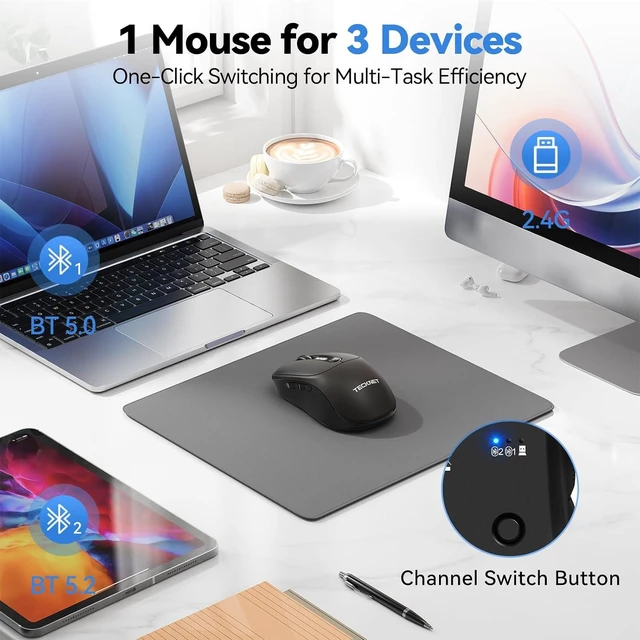 Alt view image 3 of 7 - TECKNET Tri-Mode Rechargeable Bluetooth Mouse with LED Display for Laptop