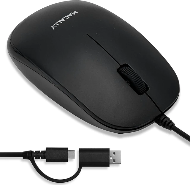 Main image of Macally Wired Mouse for Mac and PC - Dual USB C + A Plug - Simple Ambidextrous 3 Button USB Mouse Wired with Scroll Wheel and 1200 DPI Optical Sensor - for Apple, MacBook, iMac, Laptop and PC - Black