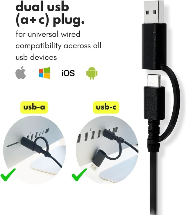 Alt view image 3 of 7 - Macally Wired Mouse for Mac and PC - Dual USB C + A Plug - Simple Ambidextrous 3 Button USB Mouse Wired with Scroll Wheel and 1200 DPI Optical Sensor - for Apple, MacBook, iMac, Laptop and PC - Black