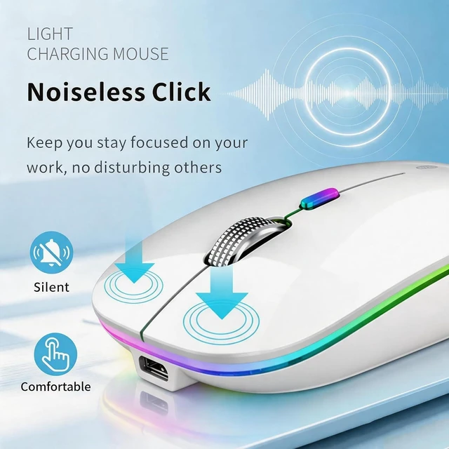 Alt view image 3 of 6 - Uiosmuph LED Wireless Mouse, G12 Slim Rechargeable Silent Mouse - White
