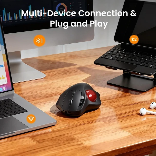 Alt view image 3 of 7 - Wireless Trackball Mouse, Rechargeable Thumb Control 3 Devices - Red Ball