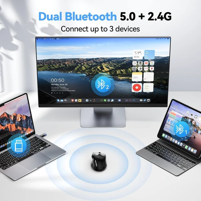 Alt view image 2 of 7 - TECKNET Pro Bluetooth Mouse, Tri-Mode Rechargeable Mouse with USB-C Adapter