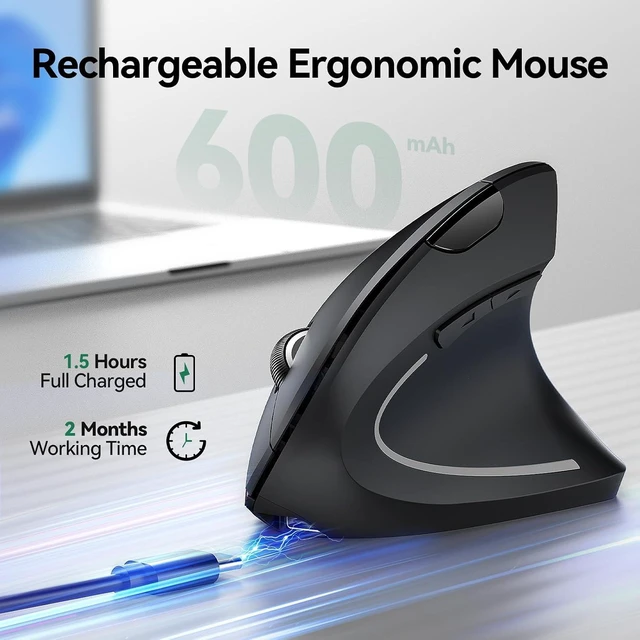 Alt view image 3 of 7 - TECKNET Wireless Ergonomic Mouse, Vertical Computer Mouse for Wrist Comfort, Rechargeable Optical Mouse with Adjustable DPI4800, Silent Click, 6 Buttons, USB Receiver for Laptop, Desktop, PC, Mac