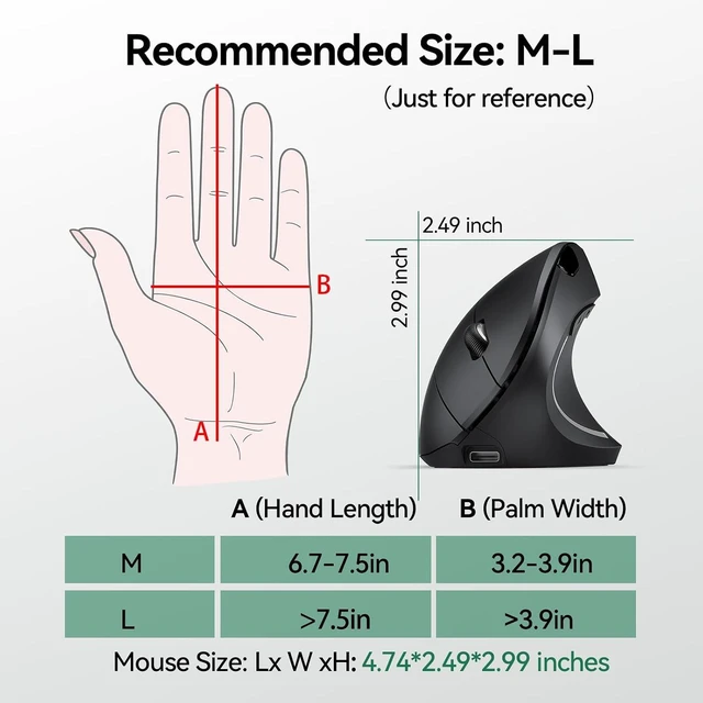 Alt view image 7 of 7 - TECKNET Wireless Ergonomic Mouse, Vertical Computer Mouse for Wrist Comfort, Rechargeable Optical Mouse with Adjustable DPI4800, Silent Click, 6 Buttons, USB Receiver for Laptop, Desktop, PC, Mac