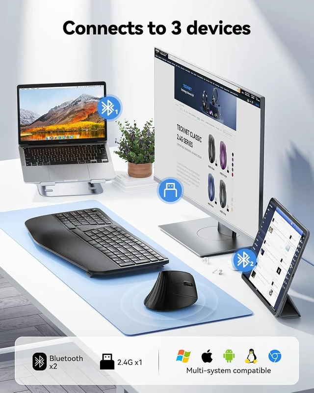 Alt view image 4 of 7 - TECKNET Ergonomic Wireless Bluetooth Mouse, Silent Rechargeable Vertical Mouse(BT 5.0/5.0+2.4G), 5-Level 4800 DPI, 200H Long Battery Life, Quiet Clicks, 2.4GHz with USB A Receiver, Wide Compatibility
