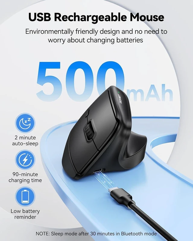 Alt view image 5 of 7 - TECKNET Ergonomic Wireless Bluetooth Mouse, Silent Rechargeable Vertical Mouse(BT 5.0/5.0+2.4G), 5-Level 4800 DPI, 200H Long Battery Life, Quiet Clicks, 2.4GHz with USB A Receiver, Wide Compatibility